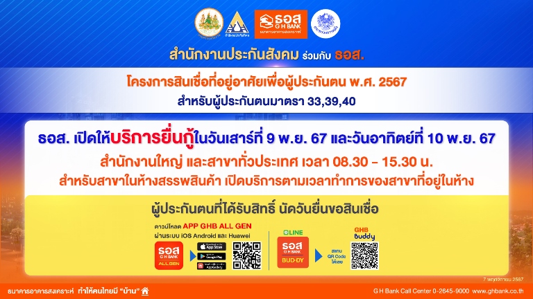 ธอส. เปิดให้ผู้ประกันตนโครงการสินเชื่อที่อยู่อาศัยเพื่อผู้ประกันตน พ.ศ. 2567 ยื่นขอสินเชื่อวันที่ 8 พฤศจิกายน 2567 รูปที่ 1