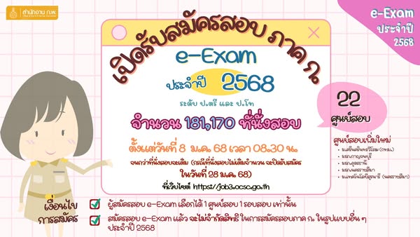 ประกาศสำนักงาน ก.พ. เรื่อง รับสมัครสอบเพื่อวัดความรู้ความสามารถทั่วไปด้วยระบบอิเล็กทรอนิกส์ ประจำปี 2568 (e-Exam) หน้าที่ 1